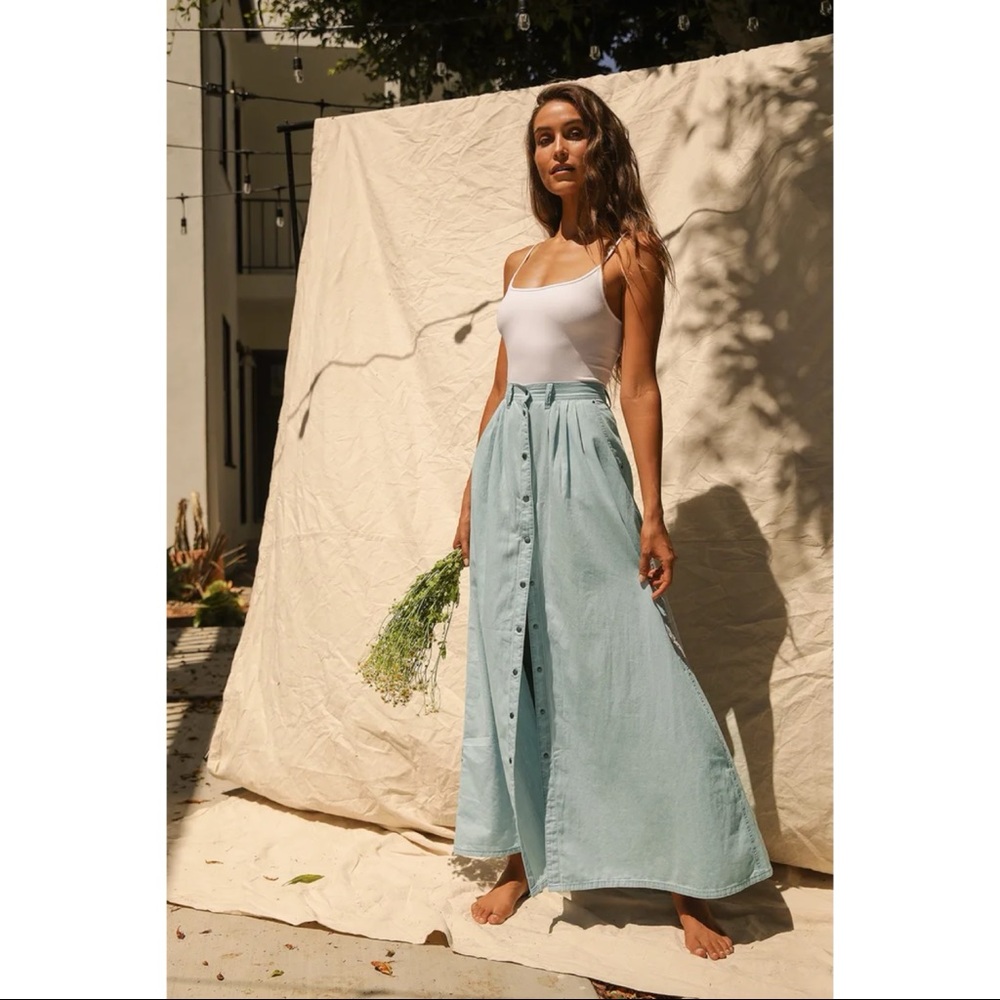 NWT Lulus Pistola Baez Blue Chambray Maxi Skirt Xsmall